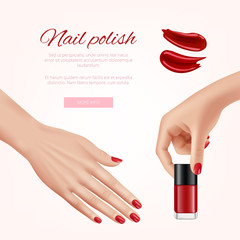 Polish nails ads. Woman beauty cosmetics fashion polish nail different colors female hands vector realistic advertising template. Beauty female finger nail, product for manicure illustration