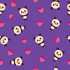 Naklejka premium cute panda bears and hearts seamless pattern