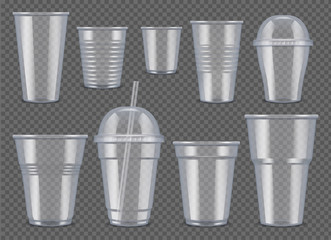 Plastic vessel. Transparent cups and mugs for drinks food bag for juice and coffee vector 3d realistic mockup. Illustration plastic mug for coffee and tea or other liquid