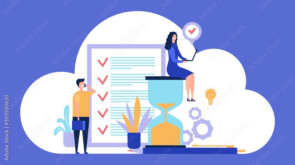 Poster time management concept. effective management. organizing work process vector illustration. time man