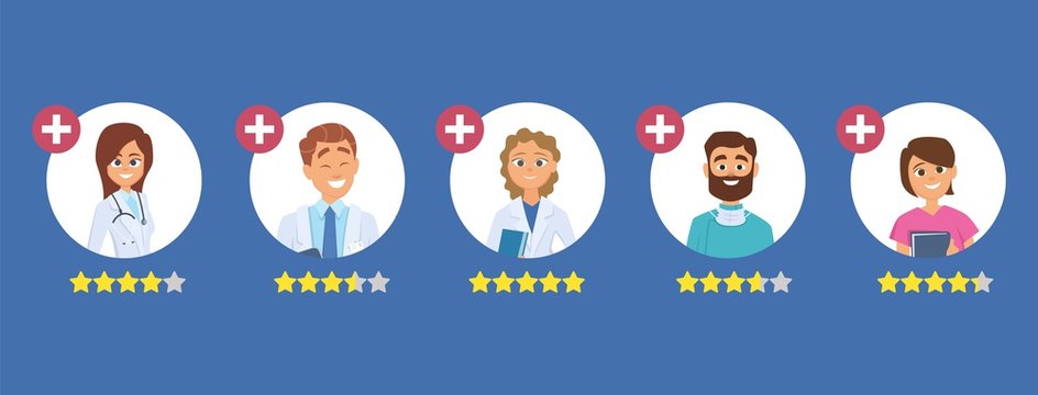 Doctors Rating. Five Star Rating Concept. Search Good Doctor. Medical Staff Reviews Vector Illustration. Healthcare Doctor Rating, Physician Review