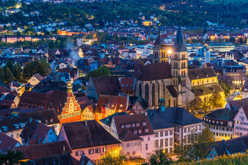 Germany, Magical lights of skyline of medieval city esslingen am neckar, aerial view above roofs,...