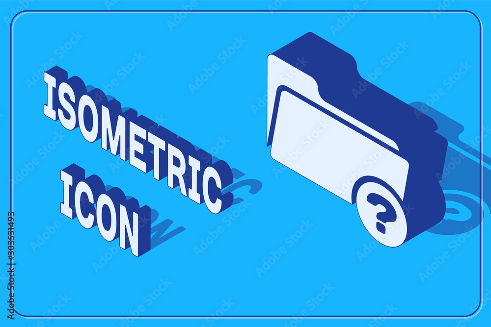 Poster isometric unknown directory icon isolated on blue background. magnifying glass and folder. vector il