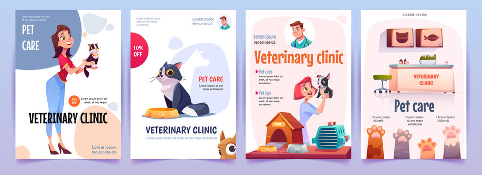 Veterinary clinic banners set. Vet service, cats and dogs care, spa procedures for pets in therapeutic office, animals health care, hospital advertising poster design. Cartoon vector illustration