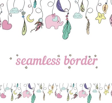 vector seamless border pattern with cute boho ornaments and feathers