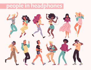 Young stylish people listening to music in headphones and earphones isolated. Multiethnic group. Boys and girls smiling, dancing, jogging, walking. Flat cartoon style. Vector illustration.