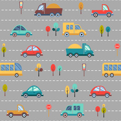 Seamless kids pattern with cartoon cars, buses, trucks on the road. Transport gray background