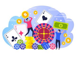 Fototapeta na wymiar Poker winners people. Concept characters happy winners casino gambling legal risk stylized vector flat background. Illustration poker and roulette, legal gaming entertainment
