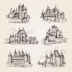 Castles medieval. Old tower buildings vintage architecture ancient gothic castles vector hand drawn illustrations. Town tower, sightseeing building, castle famous - obrazy, fototapety, plakaty