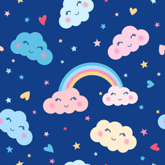 Seamless cartoon sky pattern with cute smiling sleeping clouds, rainbow, hearts and stars on blue background