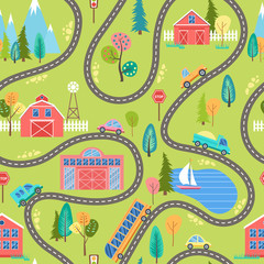 Seamless countryside landscape pattern with houses, lake, mountains, trees and cars on the road. Farm colorful cartoon background