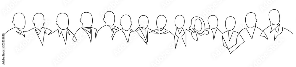 Wall mural Group of people continuous one line vector drawing. Crowd standing at concert, meeting.