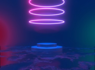 Neon background. 3d rendering pedestal, shiny metallic podium with glowing circle portal. Blank product showcase stand, commercial mockup with copy space. Performance stage. Neon show light podium.
