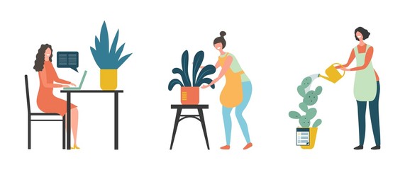 Home plants. Gardening vector concept. Flat girls florists gardeners characters with plants in pots. Woman gardening, botany and floral planting illustration