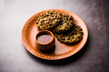 Chana Dal Bhabra / Babra served with tomato ketchup, popular food from Bihar / Bhojpur of India