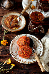 Turkish delight with saffron and traditional Turkish tea