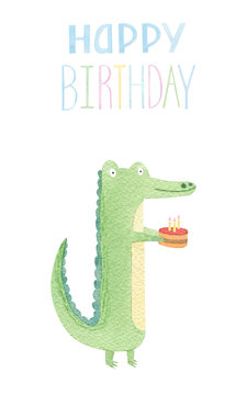 Cute aligator hand painted watercolor illustration. Crocodiles baby isolated on white background. Happy birthday card. Kids Watercolor Style Crocodile with birthday cake. 