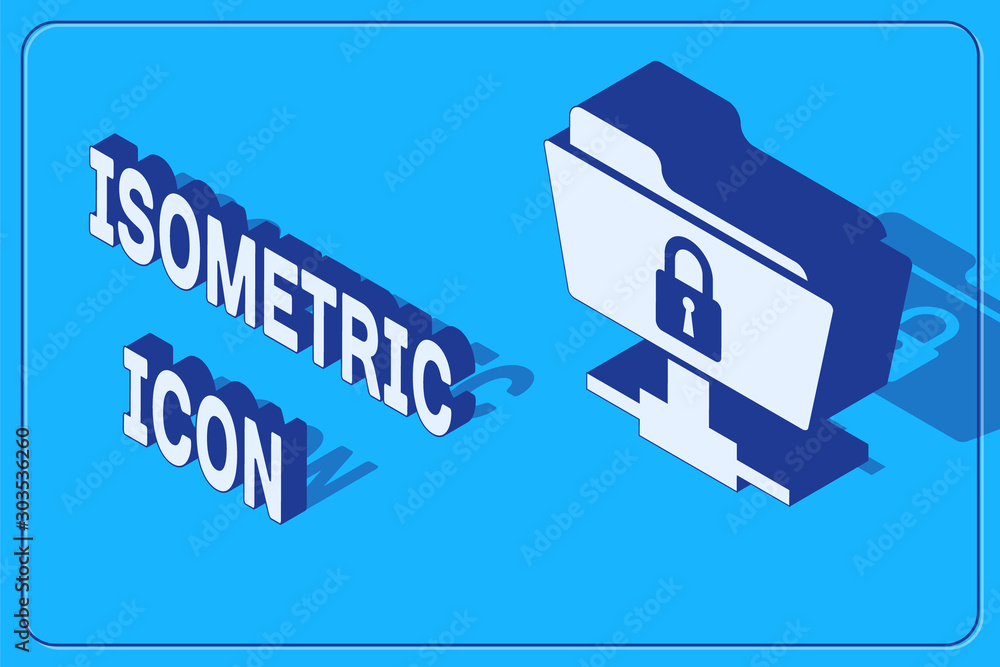 Poster isometric ftp folder and lock icon isolated on blue background. concept of software update, ftp tran