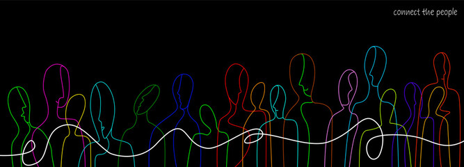 connect the people concept, crowd of vivid colored people connected with one white line, communication creative contemporary idea,