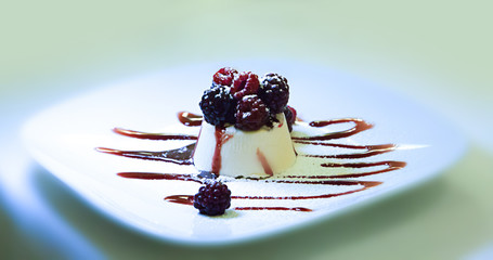 Italian dessert panna cotta served on a white plate with wild berries coulis and fresh raspberries...
