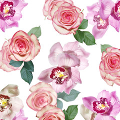 Beautiful floral background of roses and orchids. Isolated