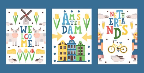 Netherlands travel banner, vector illustration. Tour booklet cover, postcard design, souvenir card with icons of main Dutch tourist attractions