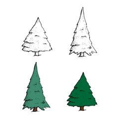 Vector Set of Hand Drawn Sketch Pine Trees. Cartoon spruce isolated on a white background. Christmas design elements, doodle style.