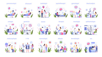 Big set of vector illustration of doctors of different directions.