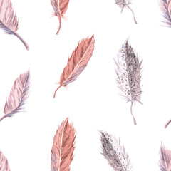 Seamless pattern with watercolor feathers. Hand drawn illustration isolated on white. Template with plumage is perfect for vintage design, wedding invitations, fabric textile, delicate wallpaper