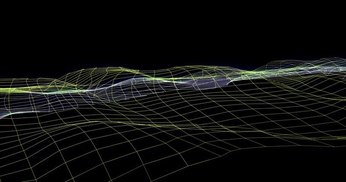 Abstract wireframe blurred and multicolored surface. Lines as low-poly surface with waves and peaks. Retro minimal high tech backdrop in 3d, minimal cyberspace background. Shine and bright colors