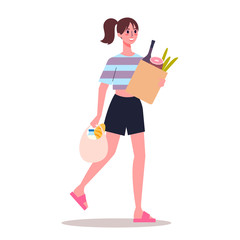 Young woman walk holding grocery bags with food.