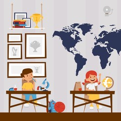 Happy children in school, vector illustration. Boy and girl cartoon characters, smiling kids studying in classroom. Effective education program, awards on shelf
