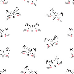 Little cute leopard cat Seamless Pattern for kids. Doodle kitten face. Cat head. Cartoon Animal Vector illustration in Scandinavian style