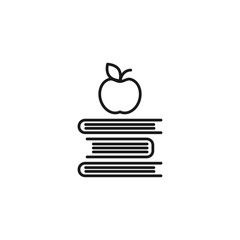 Outline Silhouettes of Books and apple. Isolated on white background. Flat icon. Vector illustration.