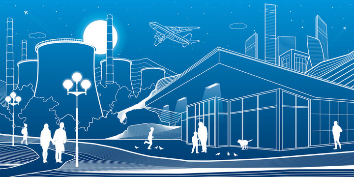 Outline industry and city illustration. Evening town urban scene. People walking at garden. Night shop. Power Plant in mountains. White lines on blue background. Vector design art