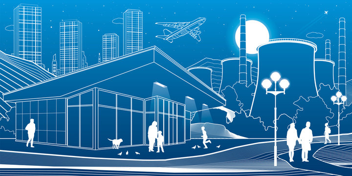 Outline industry and city illustration. Evening town urban scene. People walking at garden. Night shop. Power Plant in mountains. White lines on blue background. Vector design art