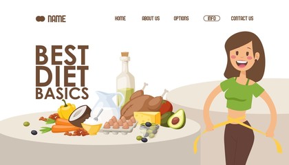 Diet for weight loss, website design vector illustration. Landing page with recipe of healthy food, nutritionist tips and article. Happy woman measures her waist after loosing weight