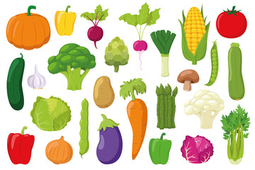Vegetables Collection: Set of 26 different vegetables in cartoon style Vector illustration - 303539422