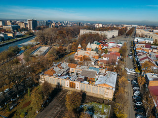 Vladikavkaz, capital of North Ossetia. Historical downtown from drone flight