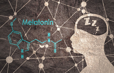 Melatonin hormone chemical molecular formula. Circadian rhythm synchronization. Stylized conventional skeletal formula. Connected lines with dots background. Silhouette of a man head