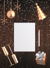 A clear sheet of a notebook among different christmas decorations as a concept of new yaer resolutions on wooden background 3D illustration