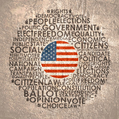 Words cloud relative for voting. Circle frame. Flag of the USA