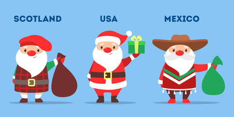 Set of cute funny Santa Claus wearing national costumes. Santa
