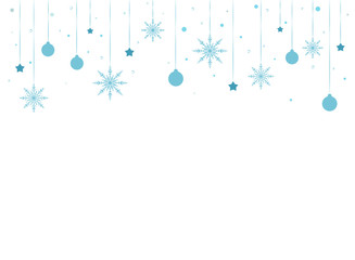 Fototapeta premium Winter border with flat blue snowflakes, stars, balls and dots on white background.