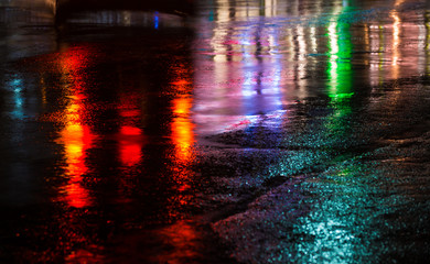  Streets after rain with reflections of light on wet roadway