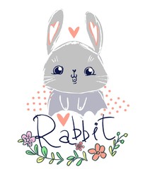 Gray rabbit with pink hearts on a white background with the inscription and frame with flowers. Vector illustration stock.