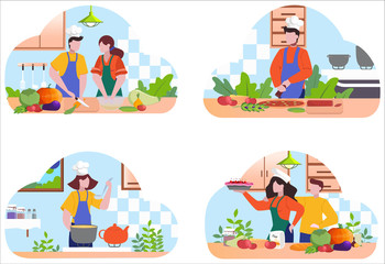 Collection of people in apron making tasty dish