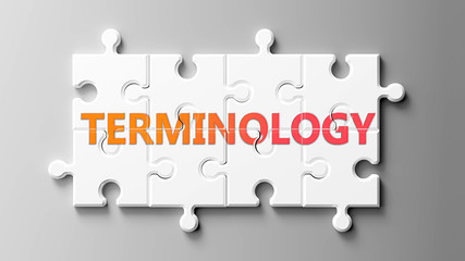 Terminology complex like a puzzle - pictured as word Terminology on a puzzle pieces to show that Terminology can be difficult and needs cooperating pieces that fit together, 3d illustration - obrazy, fototapety, plakaty
