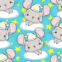 Mouse in a hat for sleep a cloud and stars on a blue background. Pattern seamless Print design for baby pajamas. Vector illustration.