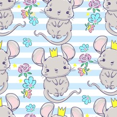 Obraz na płótnie Canvas Hand drawn cute gray mouse in a crown and flowers pattern seamless. Vector stock illustration. Children's print trend.